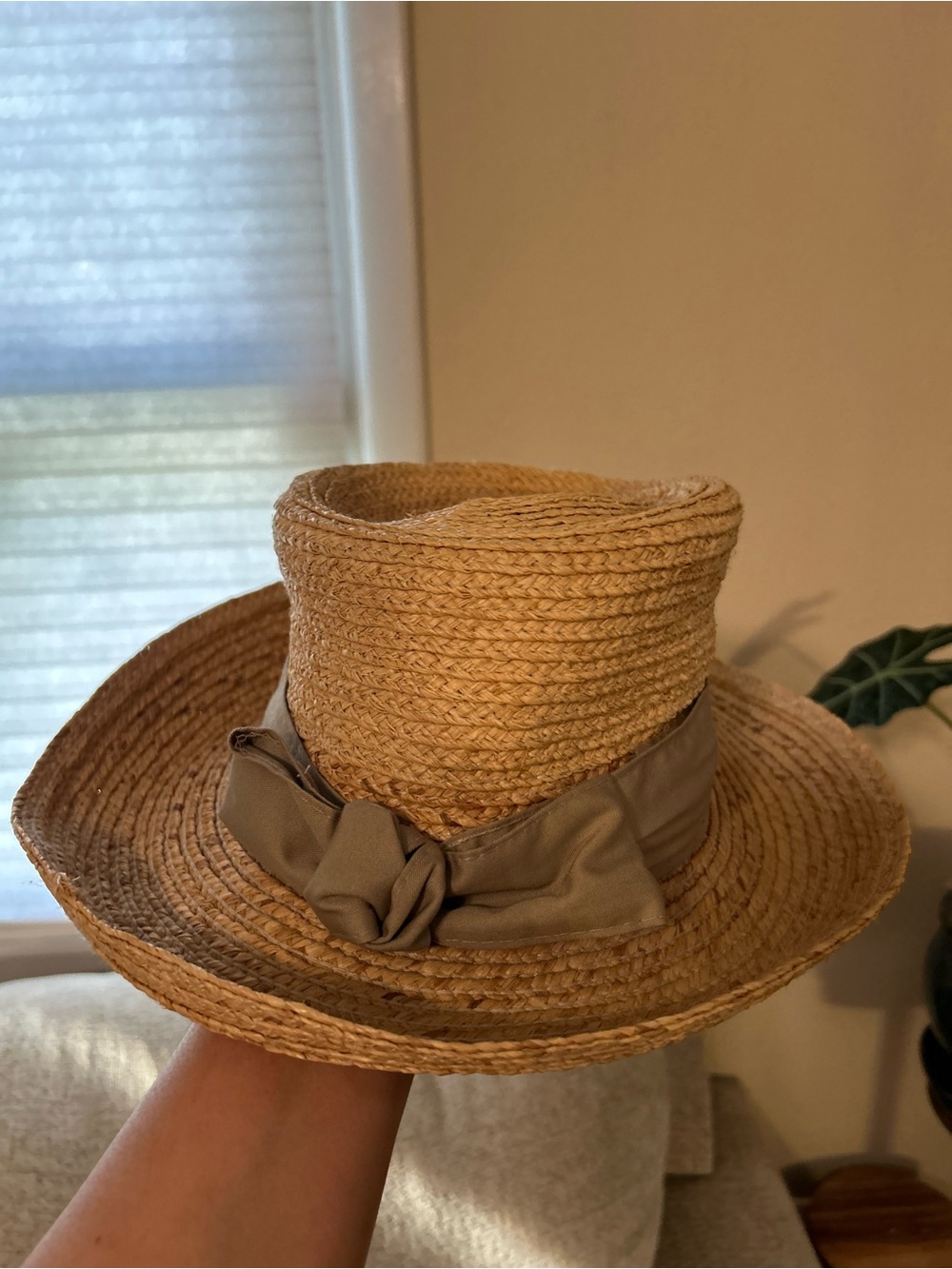 Kate Lord Woven Straw Sun Hat with Taupe Bow S/M